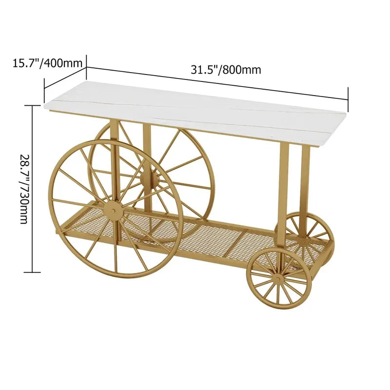 Artificer Designer Marble Top 2-Tier Console Table with Decorative Trolley Wheels in Gold Finish