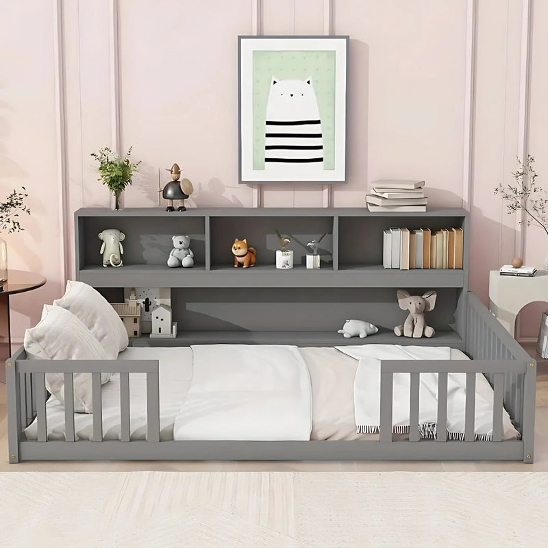 Full Size Floor Kids Bed With Multipurpose Shelves