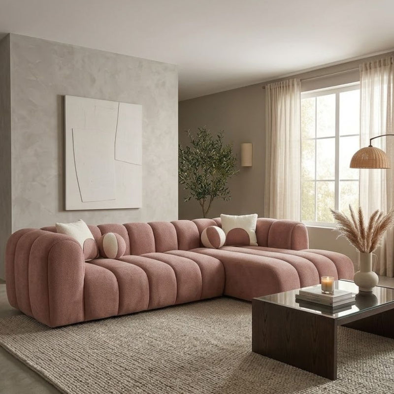 5 Seater Fluted Dusky Pink L-Shape Sectional Sofa