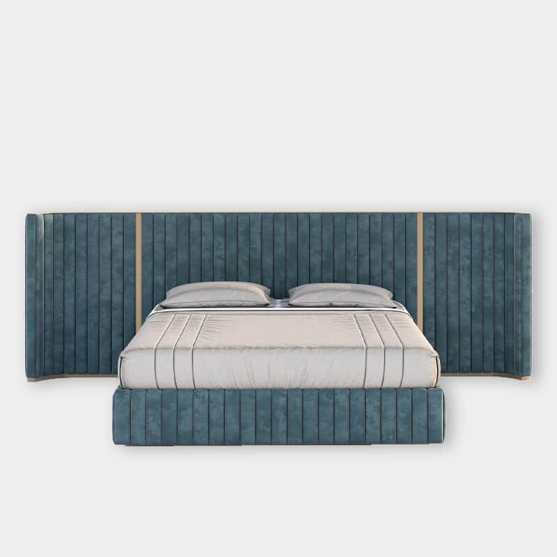 King-Size Navy Bed with Velvet Cushioned Upholstery