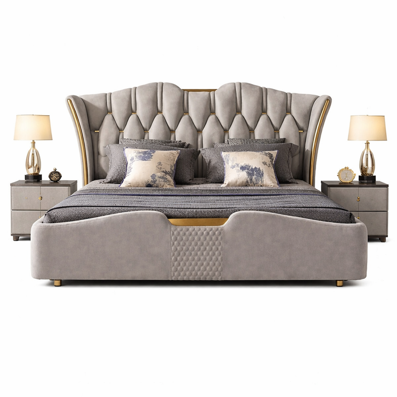 Vogue Modern Wingback Light Gray Upholstered Tufted Bed