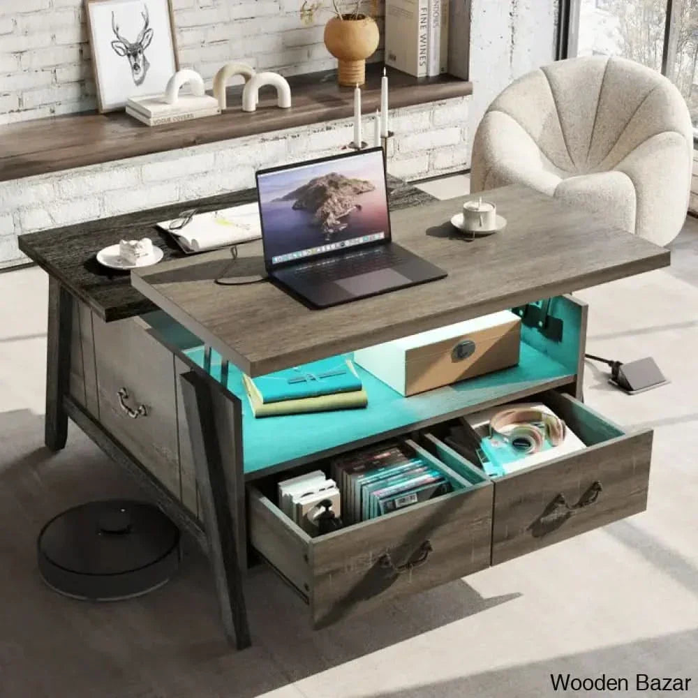 35.4’’ Liftly Top Coffee And Center Table With 2 Storage Drawers Dark Oak
