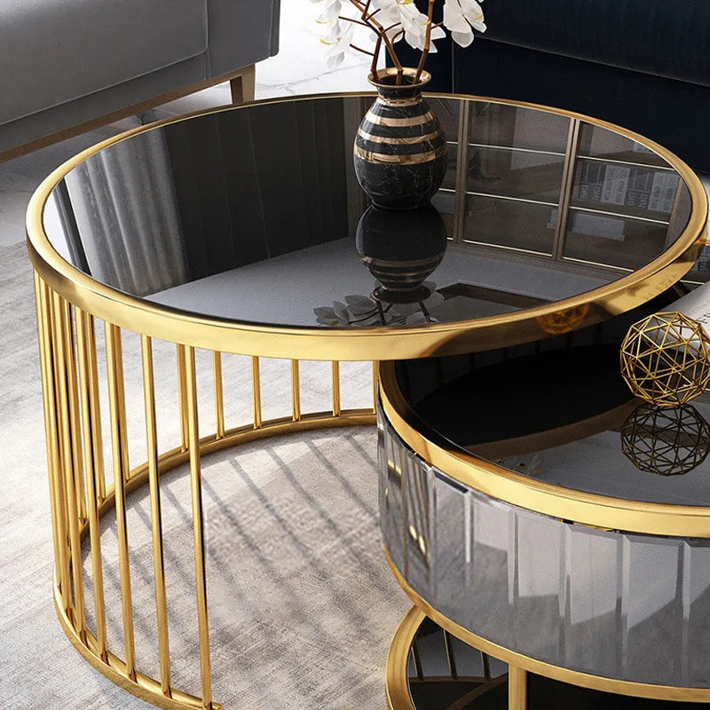 Real Modern Black Gold Glass Top Nesting Table With Drawer Storage