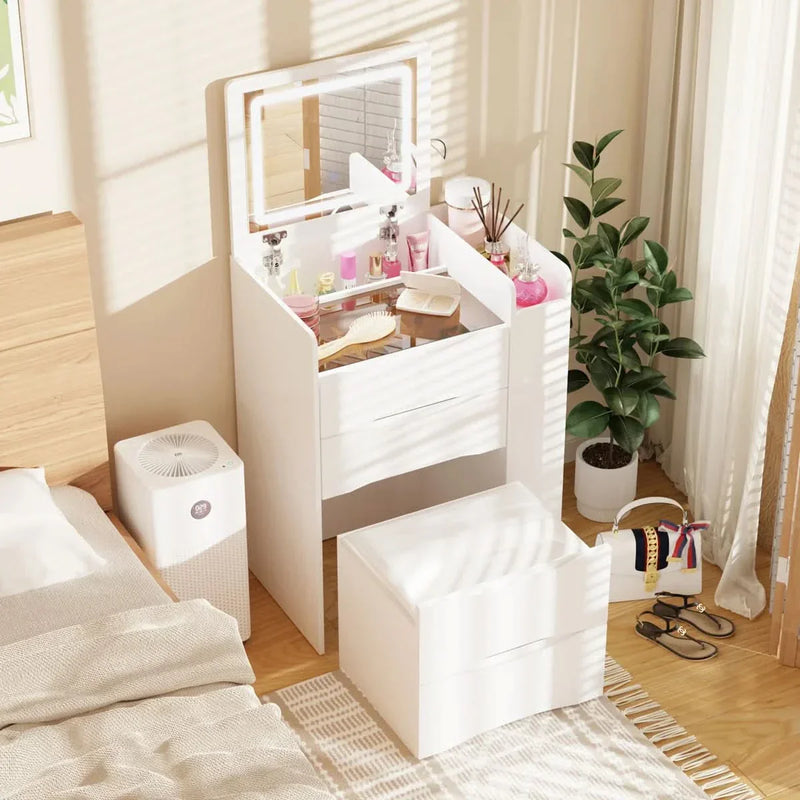 Vanity Desk with 3 Drawers, Lift-Up Mirror, and Storage Bench