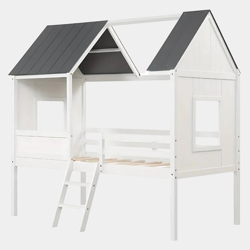 Low Loft Wooden House Bed for Kids With Ladder