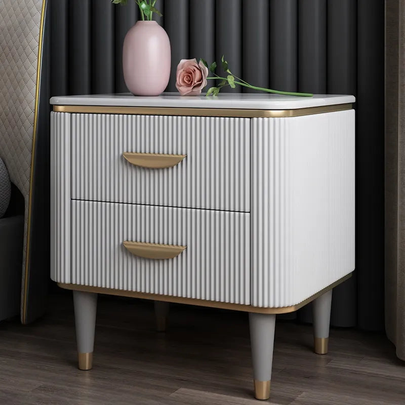 Embre Modern White Bed Side Table With Marble Top