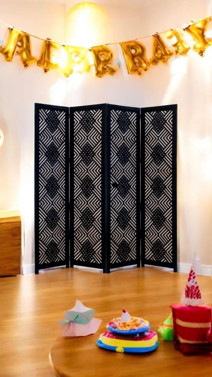 Wooden Room Divider 6 Feet, 4-Panel Folding Wooden Partition for Living Room, Office, Pooja Room, Restaurant, Kitchen & Balcony (2W x 1.82H Meters). (White-Cone Pattern)
