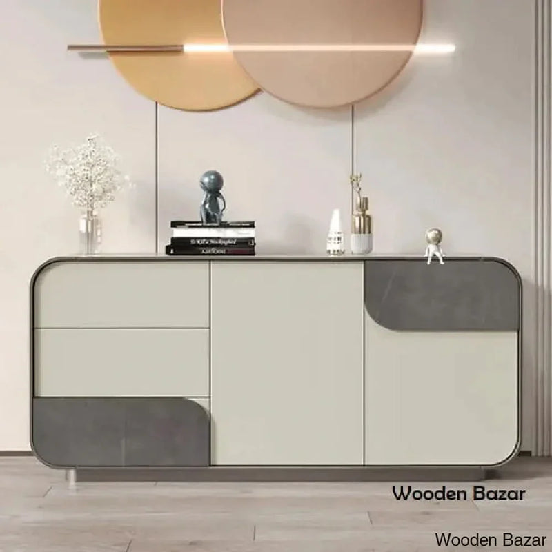 63" Modern Off White Sideboard Buffet with Storage Gray Sintered Stone Credenza - Wooden Empiro