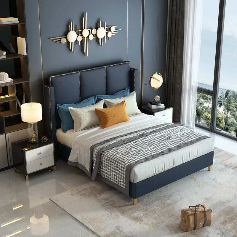 Zen Modern Upholstered Luxury Bed In Blue Leatherette