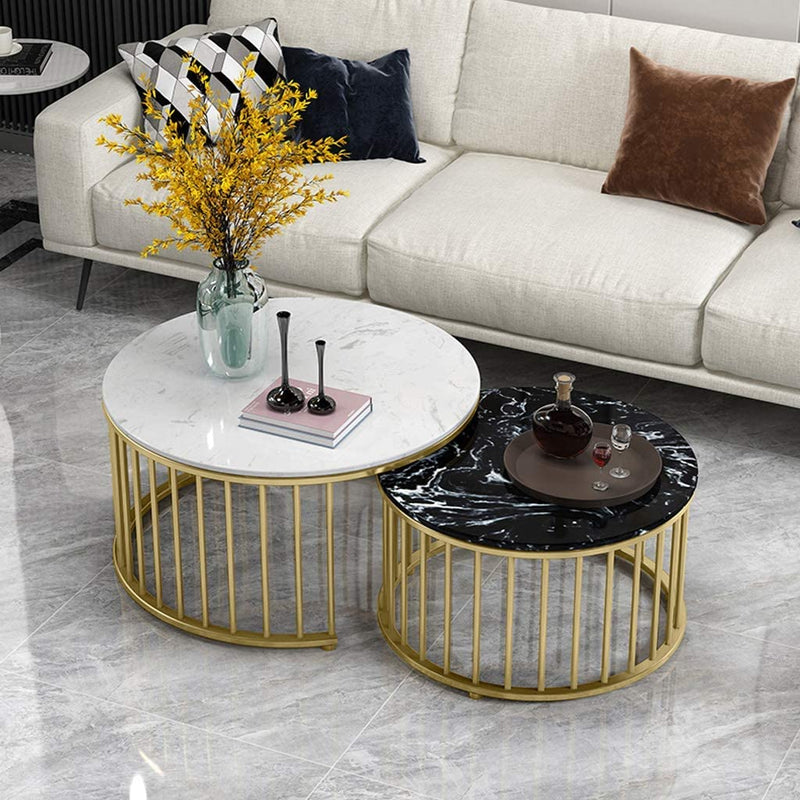 WOODWALLZ Center Table of 2 Tables,Coffee Table Round Tea Table Modern End Table Side Table with Sturdy Metal Legs for Living Room Lounge or Small Space (Black)
