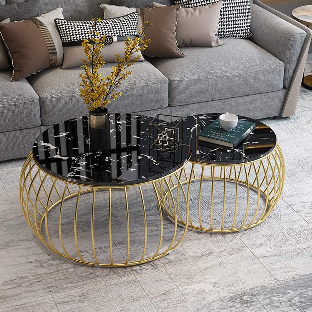 CRAFT DECOR Iron Frame Handmade Drum Coffee/Nesting Table/Side Table/Center Table with Wooden MDF Top for Living Room/Drawing Room(Set of 2)