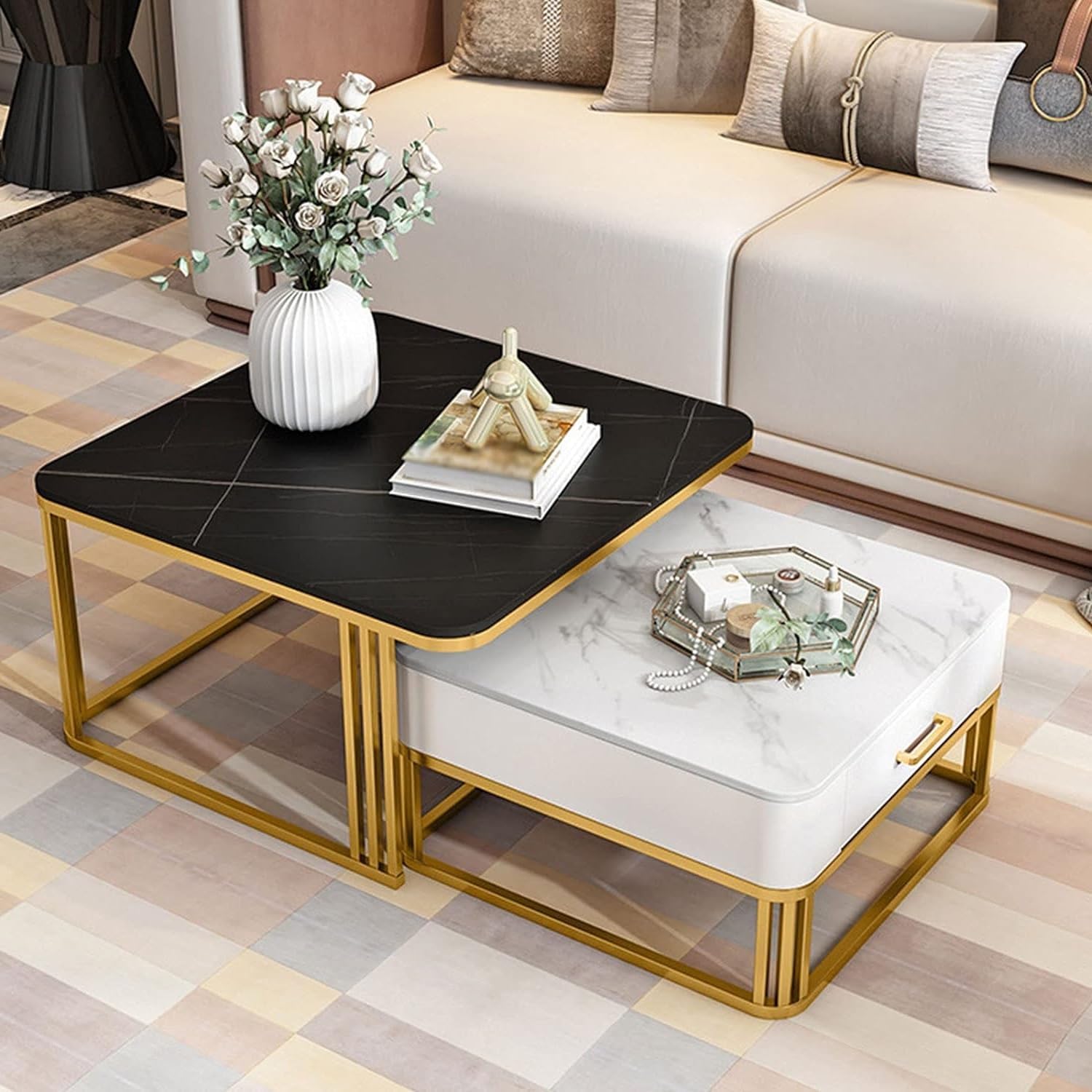 CRAFT DECOR Iron Frame Handmade with Drawer Square 20"x20" Coffee Table/Stacking Tea Table/Luxury Sofa Center Table with Marble Look Engineered Wood Top for Living Room/Drawing Room