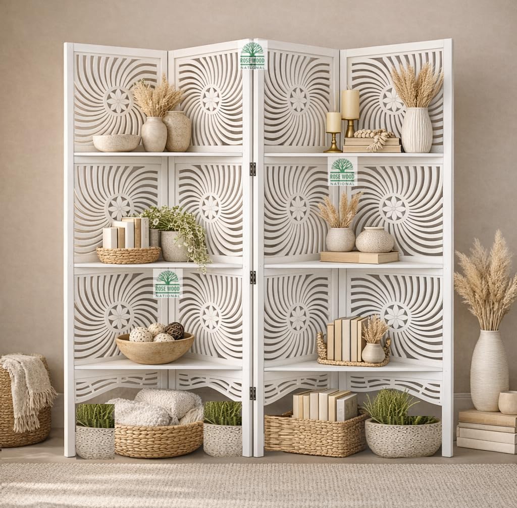 Wooden Room Divider 6 Feet, 4-Panel Folding Wooden Partition for Living Room, Office, Pooja Room, Restaurant, Kitchen & Balcony (2W x 1.82H Meters). (White-Cone Pattern)