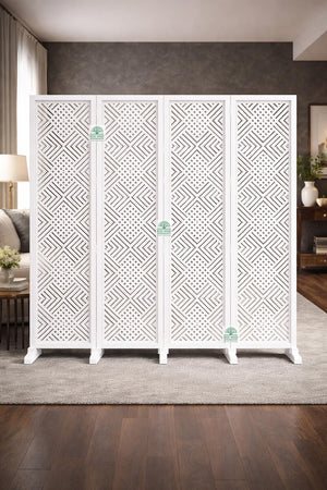 Wooden Room Divider 6 Feet, 4-Panel Folding Wooden Partition for Living Room, Office, Pooja Room, Restaurant, Kitchen & Balcony (2W x 1.82H Meters). (White-Cone Pattern)
