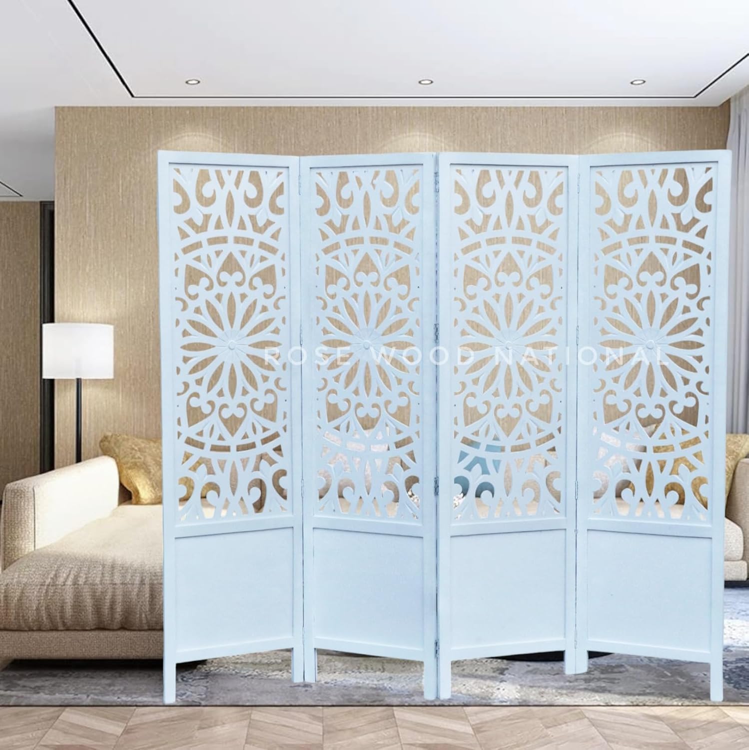 Wooden Room Divider 6 Feet, 4-Panel Folding Wooden Partition for Living Room, Office, Pooja Room, Restaurant, Kitchen & Balcony (2W x 1.82H Meters). (White-Cone Pattern)