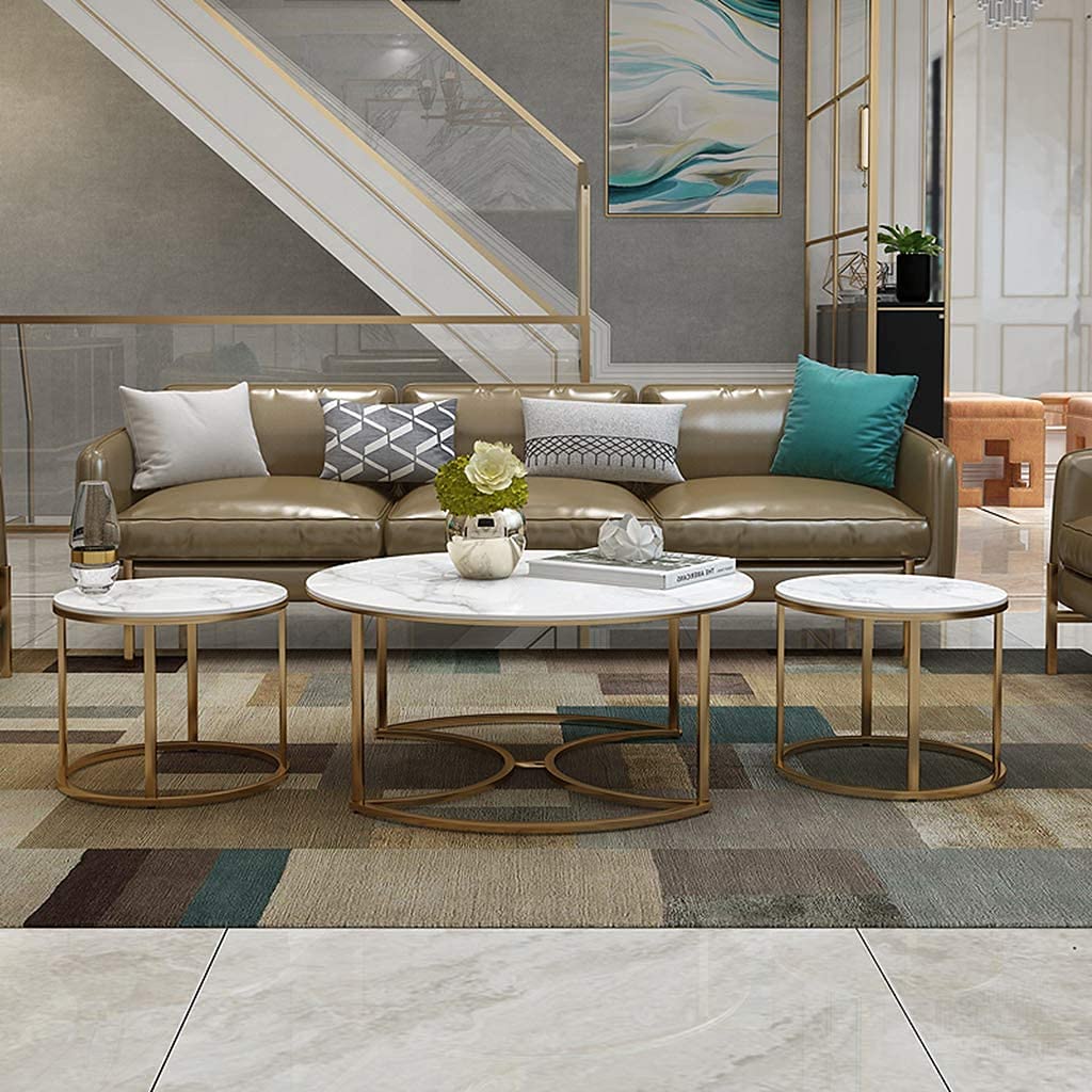 CRAFT DECOR Set Of 3 MDF Top Golden Legs Coffee Tables with Marble Finishing Top For Living Room, Home Office