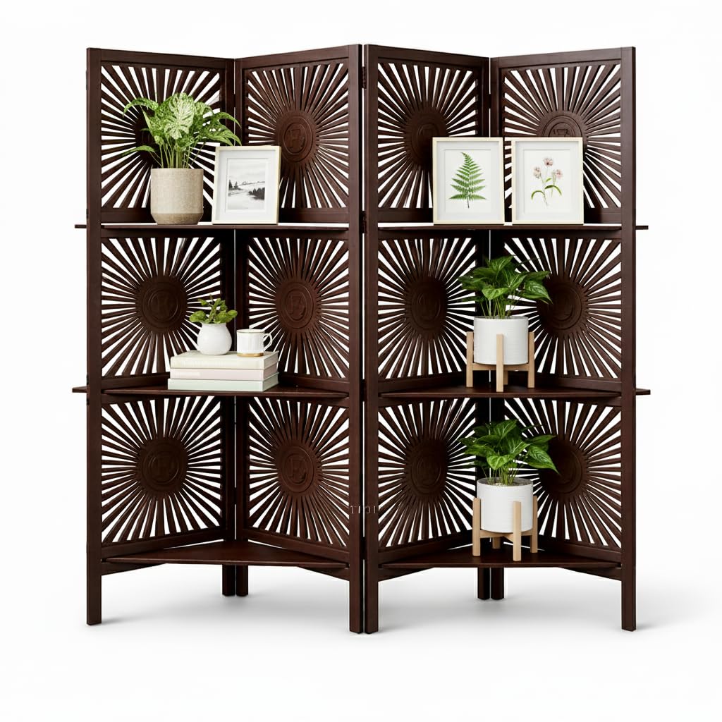 Wooden Room Divider 6 Feet, 4-Panel Folding Wooden Partition for Living Room, Office, Pooja Room, Restaurant, Kitchen & Balcony (2W x 1.82H Meters). (White-Cone Pattern)