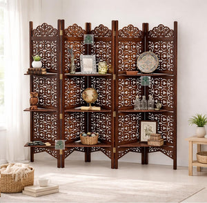 Wooden Room Divider 6 Feet, 4-Panel Folding Wooden Partition for Living Room, Office, Pooja Room, Restaurant, Kitchen & Balcony (2W x 1.82H Meters). (White-Cone Pattern)