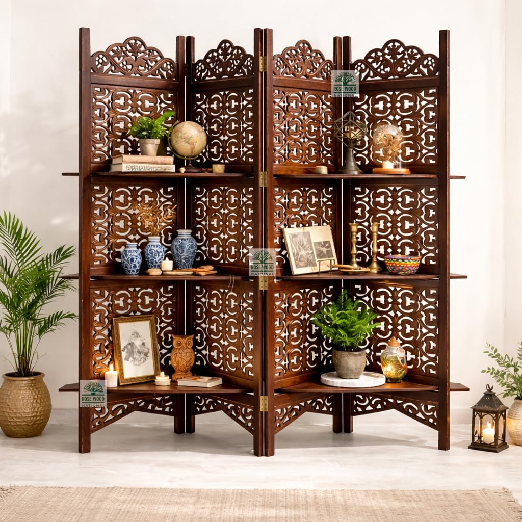 Wooden Room Divider 6 Feet, 4-Panel Folding Wooden Partition for Living Room, Office, Pooja Room, Restaurant, Kitchen & Balcony (2W x 1.82H Meters). (White-Cone Pattern)