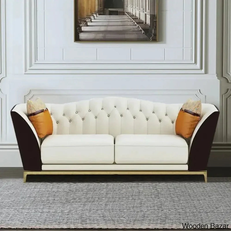 72.8" Faux Leather Upholstered Sofa White and Brown Mid-Century Couch Curved Tufted Back - Wooden Empiro