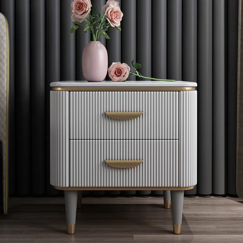 Embre Modern White Bed Side Table With Marble Top