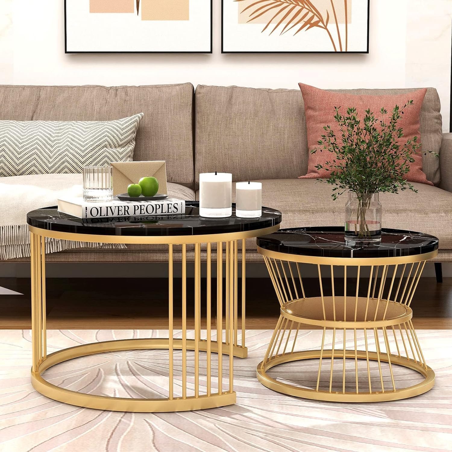 NEST NATURE HAVEN Round Coffee Table, Modern Nestings Table Set of 2, Sofa Side Table with Marble Veneer Top and Metal Frame, End Table for Living Room Bedroom Home or Office (Black White)