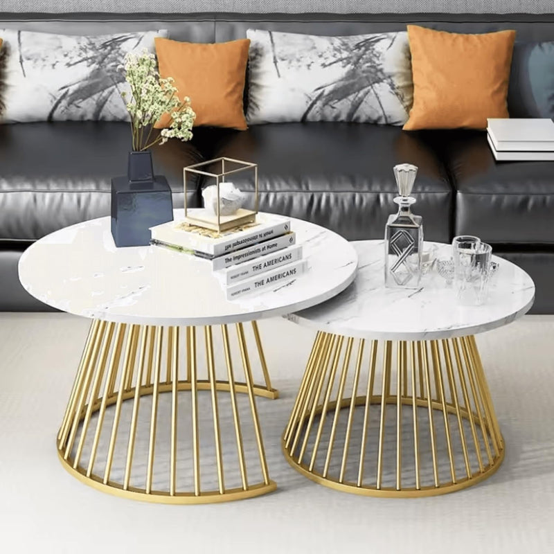 CRAFT DECOR Ornate Circular Design Round Coffee Table Set of 2 with Marble Top-Like Finish Long-Lasting Quality and Reliable Support for a Modern & Elegant Living Room