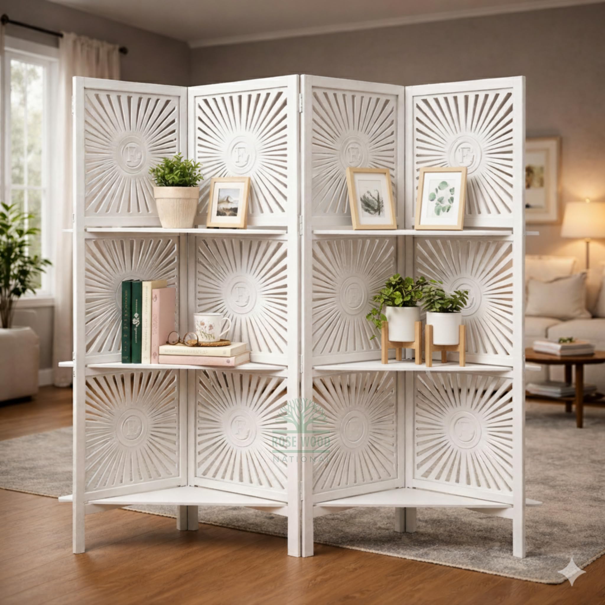 Wooden Room Divider 6 Feet, 4-Panel Folding Wooden Partition for Living Room, Office, Pooja Room, Restaurant, Kitchen & Balcony (2W x 1.82H Meters). (White-Cone Pattern)