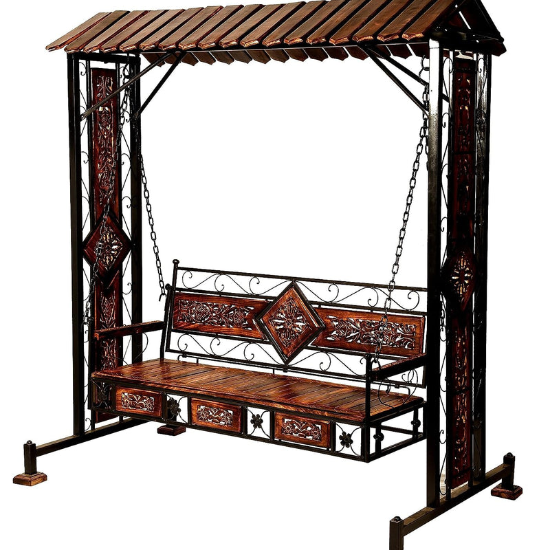 Habiba Arts Habiba Art Store Swing Jhula Chair, Hammock, Outdoor- 3 Seater Solid Wood & Iron Swing Jhoola Swing Jhula, Hammock Jhula, Cradle For Relaxing Outdoor Seating, Brown