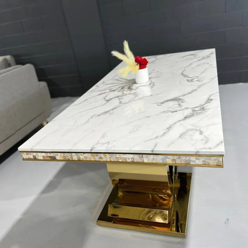 Zora Luxurious Gold Stainless Steel Dining Table with Marble Countertop