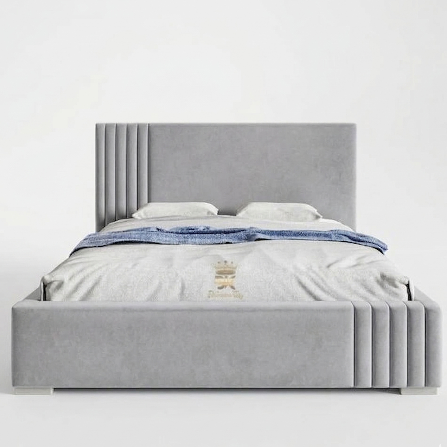 Gray upholstered bed with a headboard on a white background