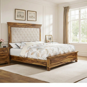 Wooden bed with tufted headboard in a bedroom setting