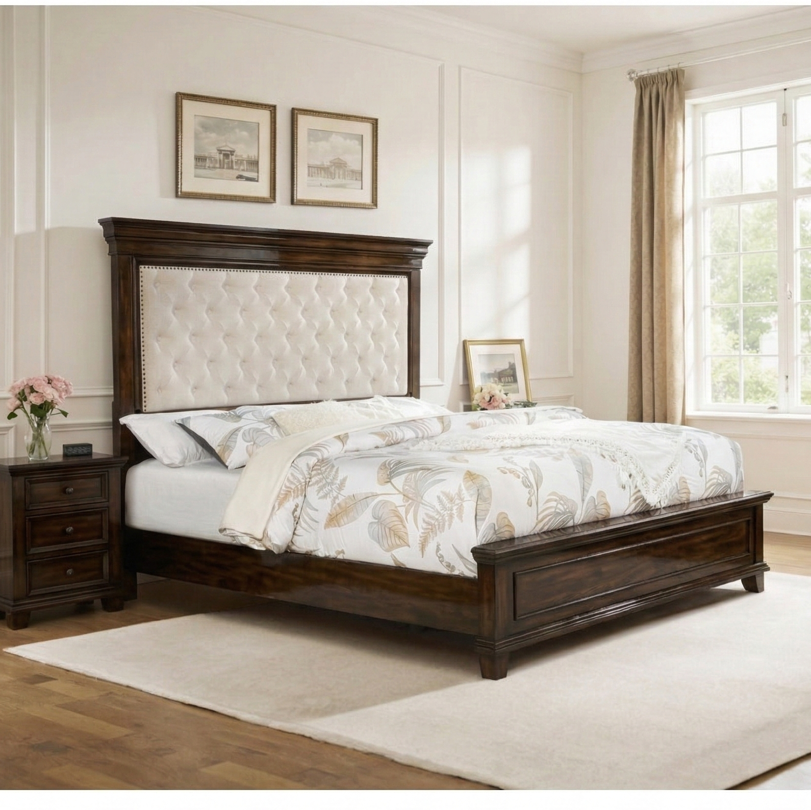Wooden bed with tufted headboard in a bedroom setting
