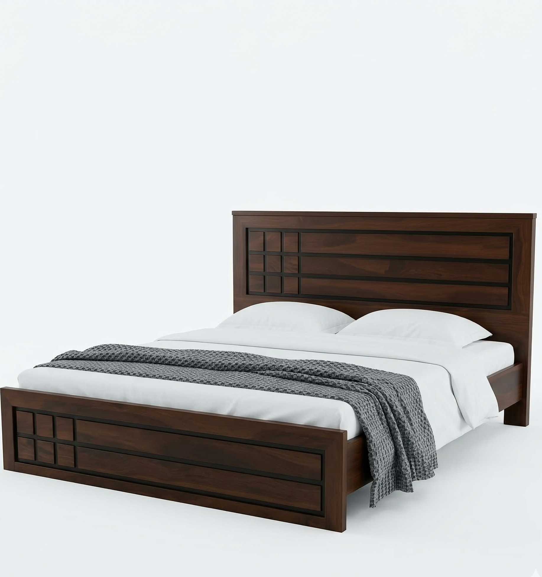 Wooden bed with white bedding and a gray blanket on a white background
