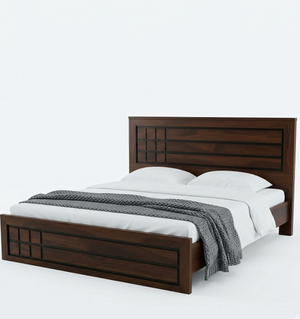 Wooden bed with white bedding and a gray blanket on a white background
