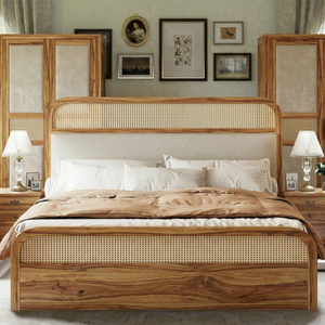 Wooden bed with wicker headboard in a bedroom setting