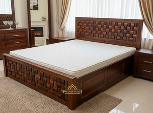 Wooden bed with woven design in a bedroom setting, Wooden Empiro brand visible.