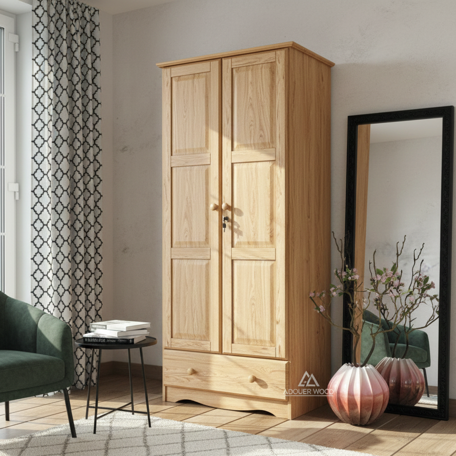 Wooden wardrobe in a room with a mirror and decorative items.