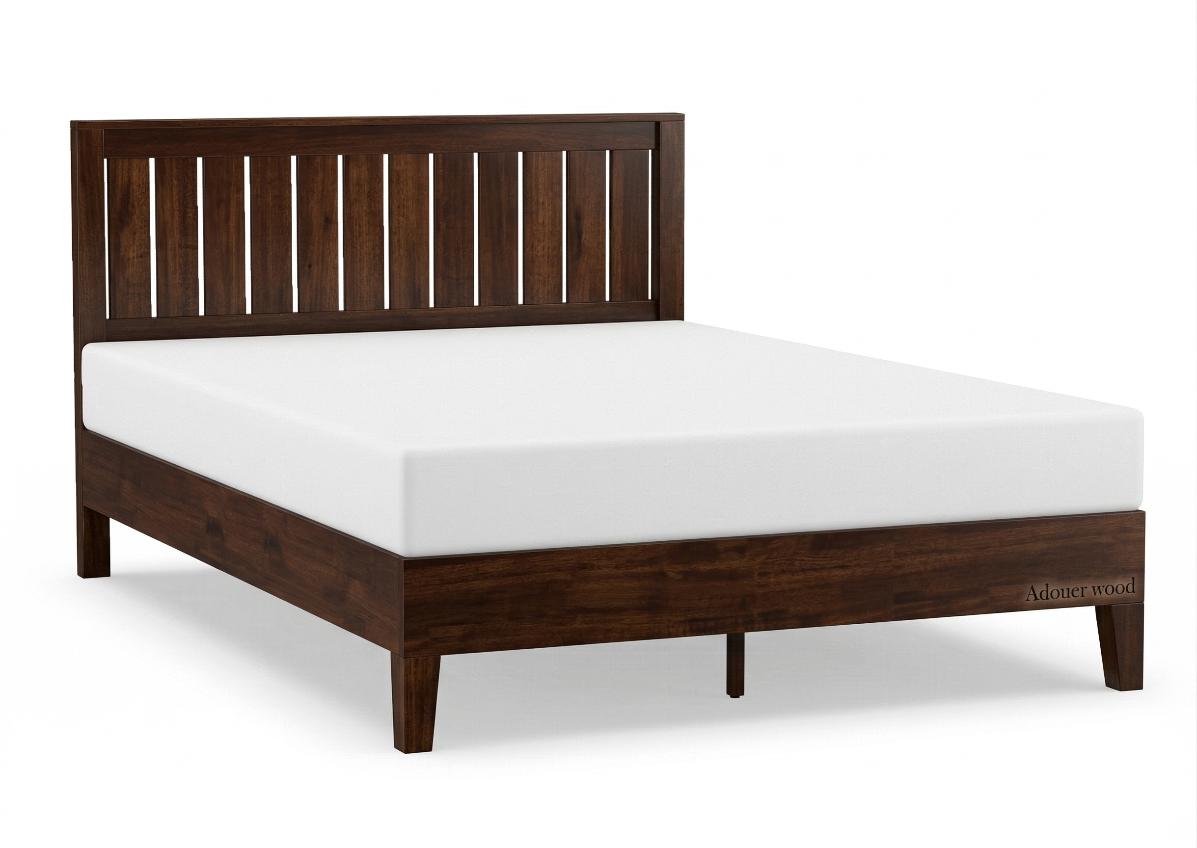 Wooden bed frame with white mattress on a white background