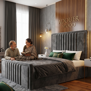Couple sitting on a bed in a stylish bed with 'Wooden Empiro' branding.