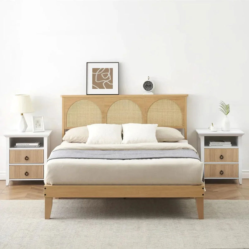 Arched Cane Headboard Bed – Rattan Weave on Platform Base