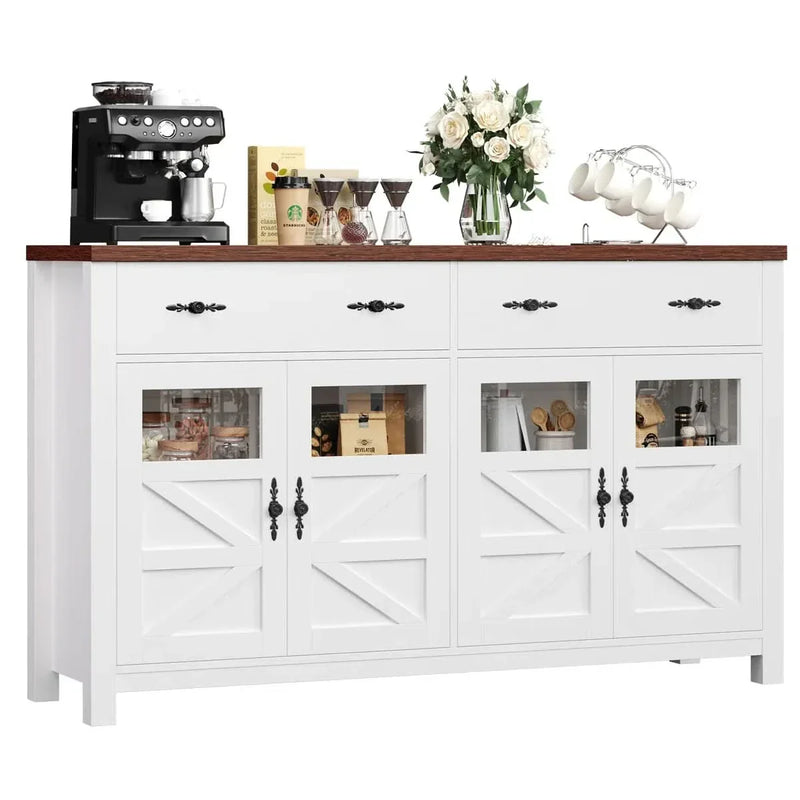 55" Sideboard with Glass Doors, Drawers & Adjustable Shelves