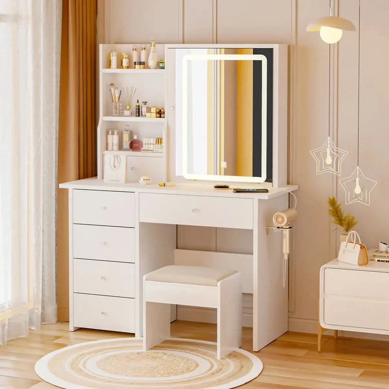Vanity Desk with Sliding Mirror and LED Lights & Charging Station