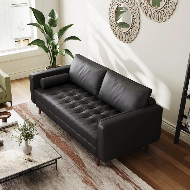 Leather Mid Century Modern Upholstered Square Arm Sofa and Loveseat