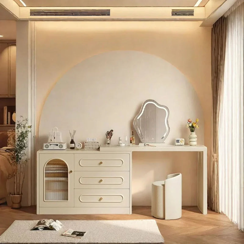 Modern Minimalist Vanity Set with Curved Mirror and Storage Drawers