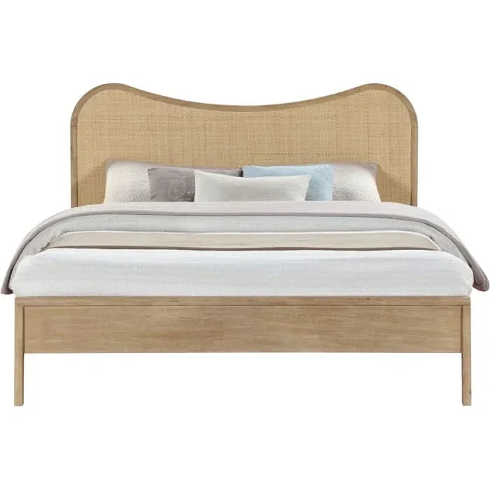 Solid Wood Cane Bed – Natural Rattan Panel with Sturdy Wooden Frame