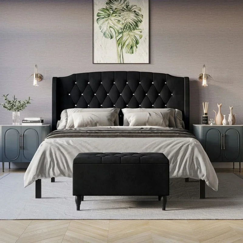 Wooden Empiro 2 Piece Bedroom Bench Set Velvet Wingback Upholstered Bed