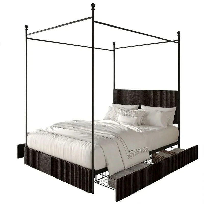 WoodenBazar Luxury Metal Canopy Bed with Velvet Upholstery & Storage Drawers – Modern Elegance