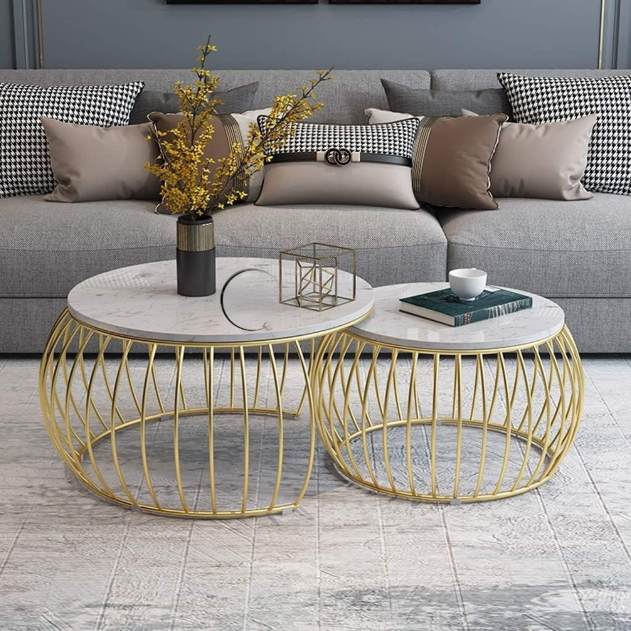 CRAFT DECOR Iron Frame Handmade Drum Coffee/Nesting Table/Side Table/Center Table with Wooden MDF Top for Living Room/Drawing Room(Set of 2)