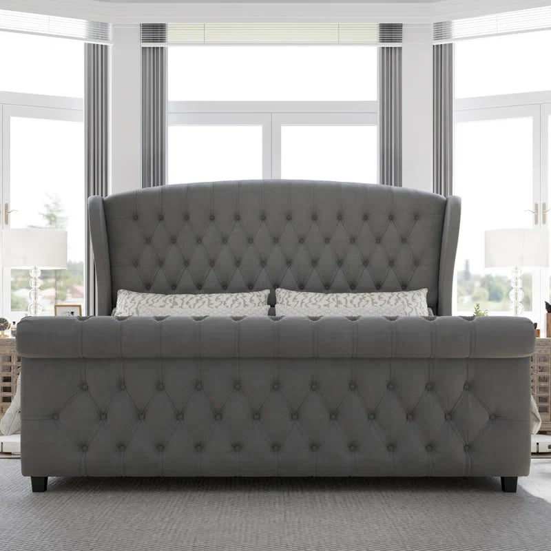 Wooden Empiro Upholstered Handmade Tufted Tall Bed Frame with Velvet Headboard, Tall Wing-Back, Without Storage